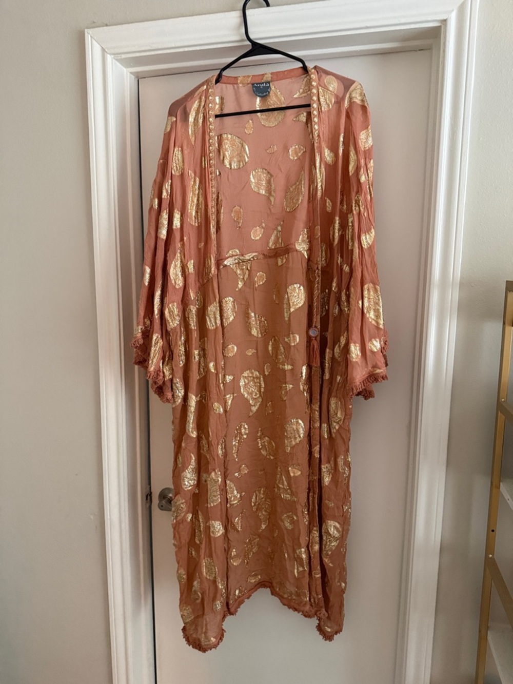 ARULA - Blush Pink Kimono Duster with Gold Foil Leaf Print